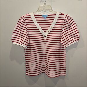 Draper James V Neck Short Sleeve Red and White Mariner Stripe Top